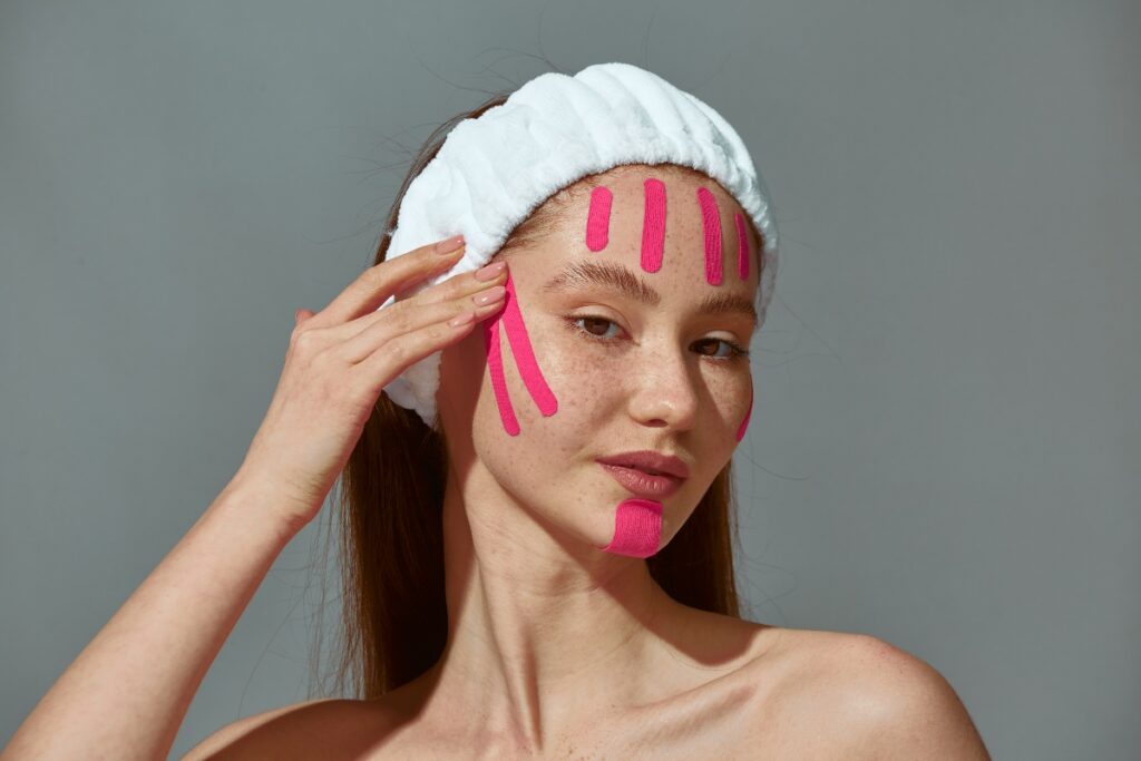Skincare routine: una ragazza applica sul viso dei cerotti per il face taping