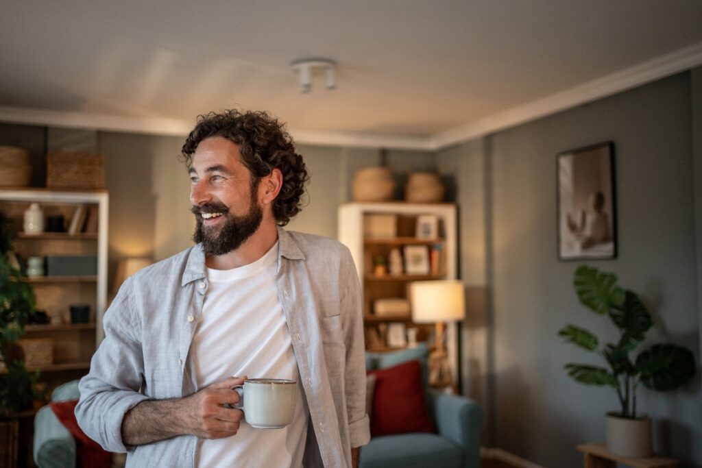 Ragazzo sorridente in salotto con una tazza di caffè in mano.