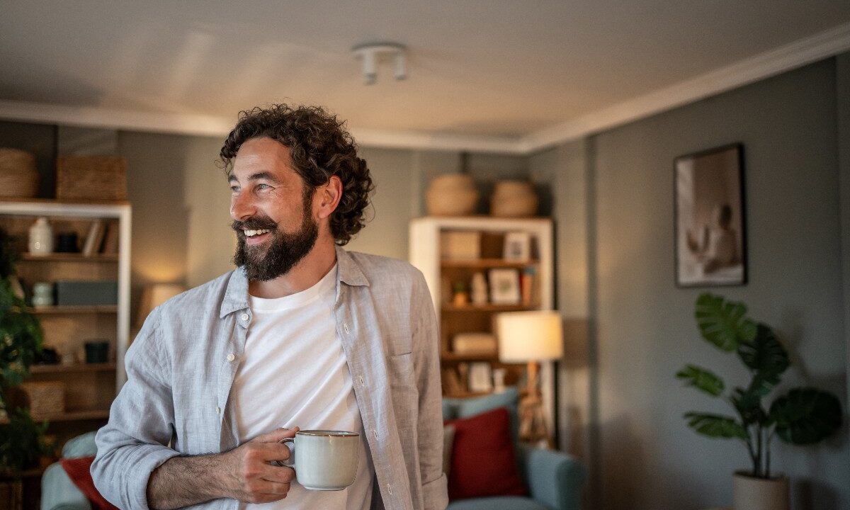 Ragazzo sorridente in salotto con una tazza di caffè in mano.