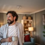 Ragazzo sorridente in salotto con una tazza di caffè in mano.