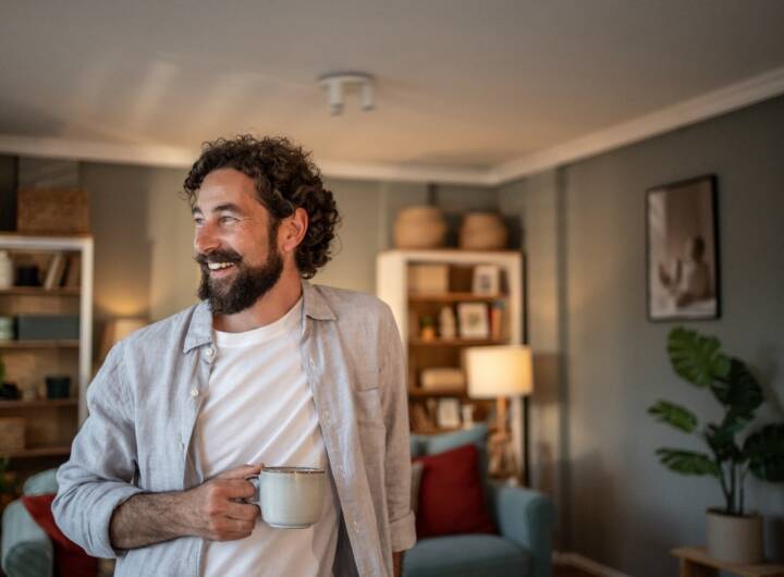 Ragazzo sorridente con tazza di caffè in salotto.